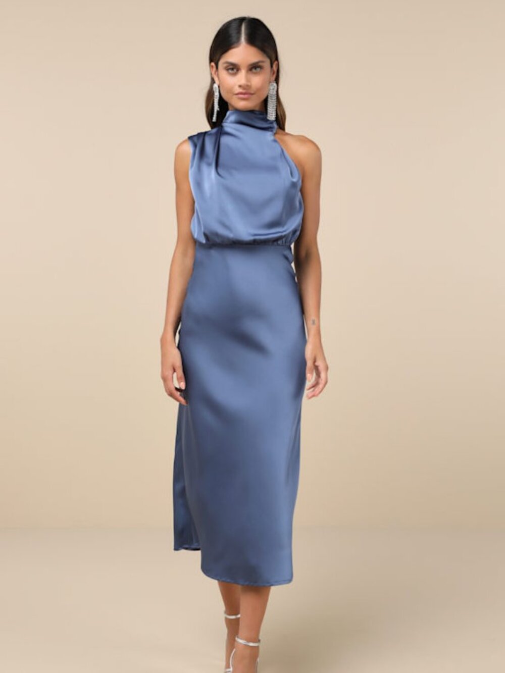 Lulus Distinctive Charm Slate Blue Satin Asymmetrical Midi Dress - Size XL